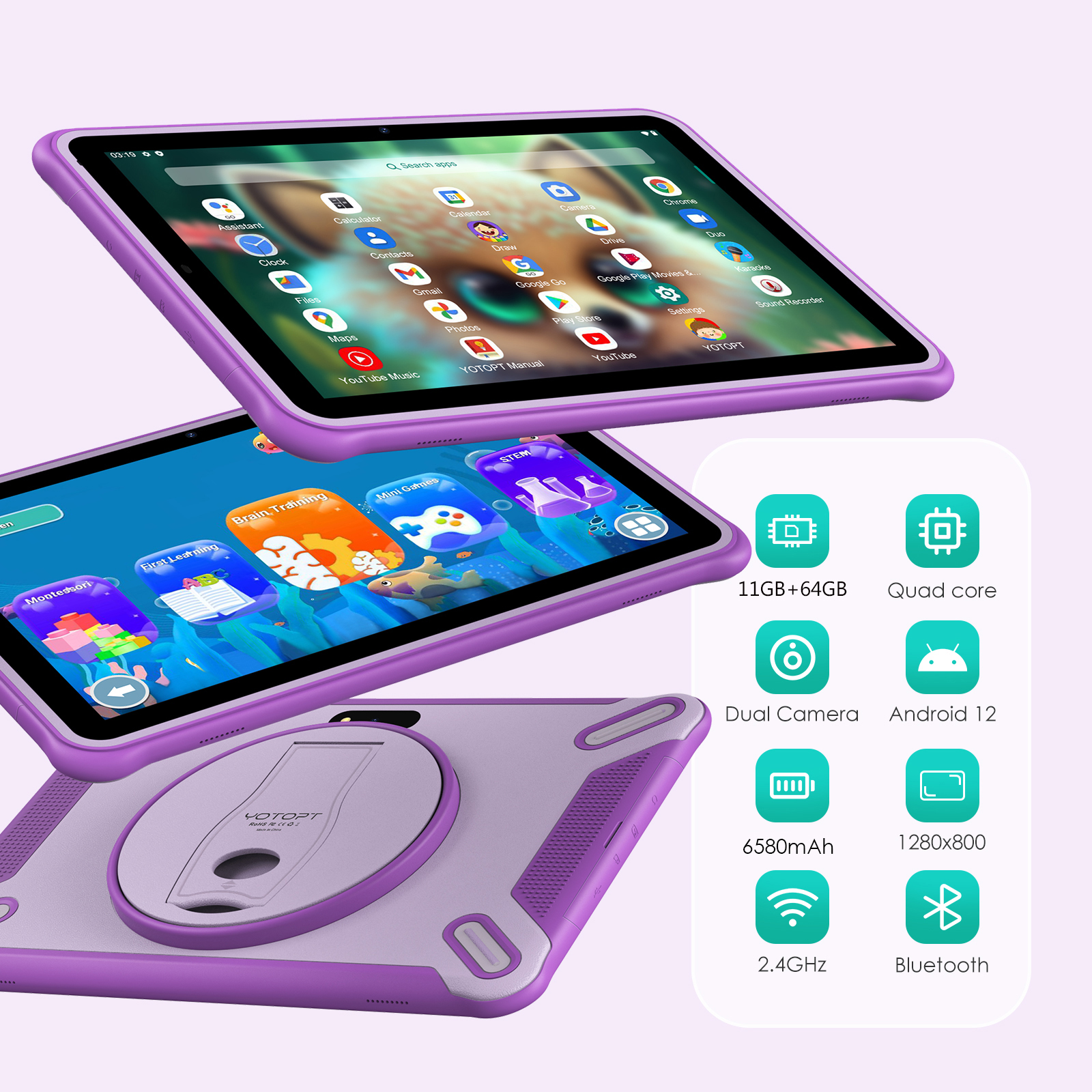 YOTOPT Tablette pour Enfants 10 Pouces, Android 13.0, 19GB RAM 128GB ROM  (SD Extensible), FHD, 6580mAh, avec Contrôle Parental, WiFi, Tablette  éducative (Pink)